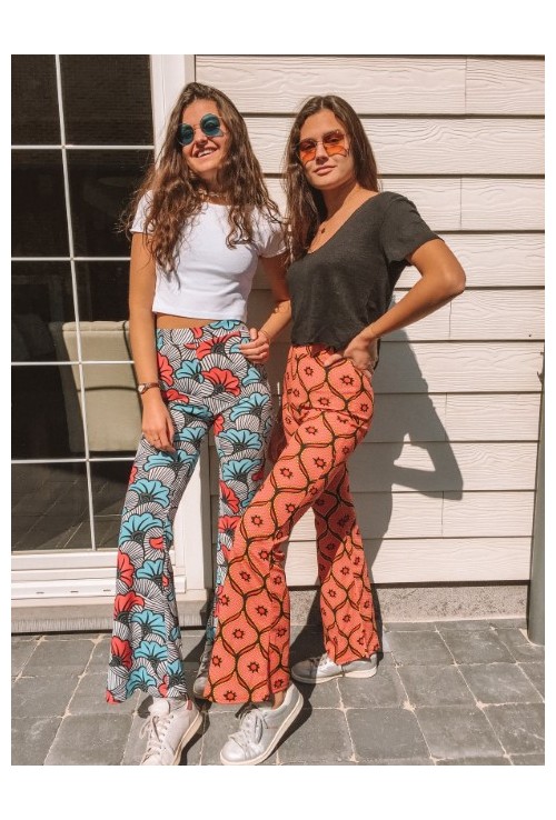 Pantalon HERMINE patte d'eph rouge à motifs jaunes