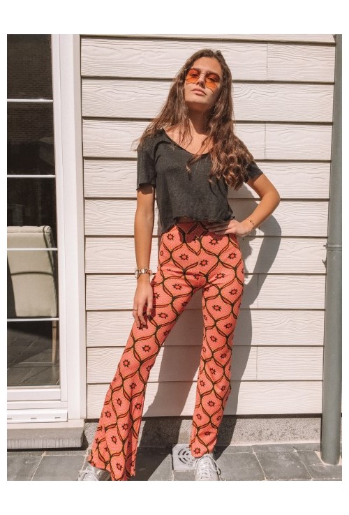 Pantalon HERMINE patte d'eph rouge à motifs jaunes