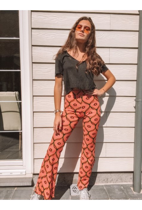 Pantalon HERMINE patte d'eph rouge à motifs jaunes