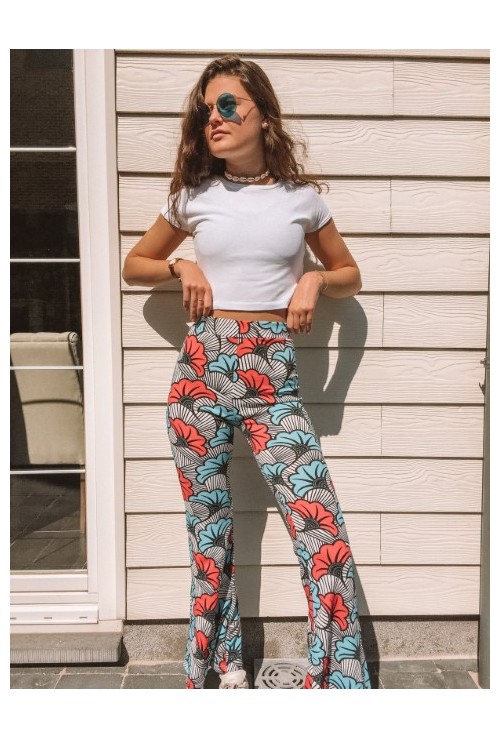 Pantalon PERRINE patte d'eph blanc à motifs bleus et rouges 70's