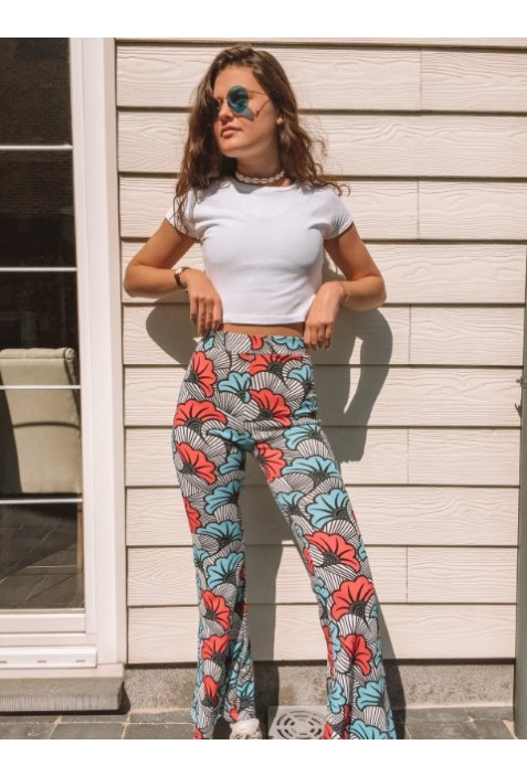 Pantalon PERRINE patte d'eph blanc à motifs bleus et rouges 70's