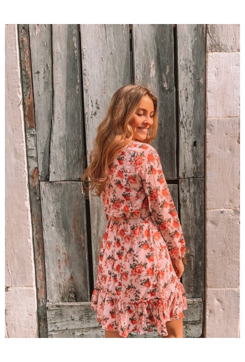 Petite robe BELLA rose pâle à fleurs rouges