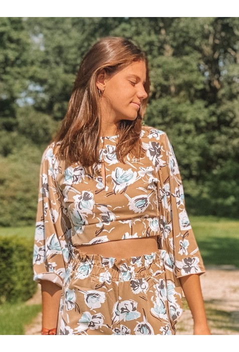 Crop top PALMA BEIGE à fleurs bleu ciel et blanches