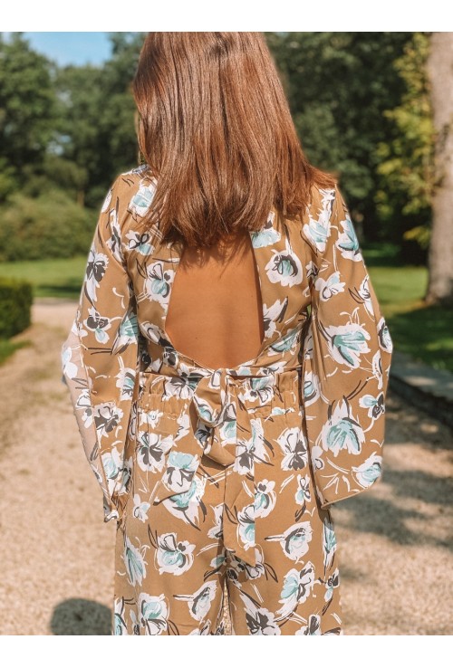 Crop top PALMA BEIGE à fleurs bleu ciel et blanches