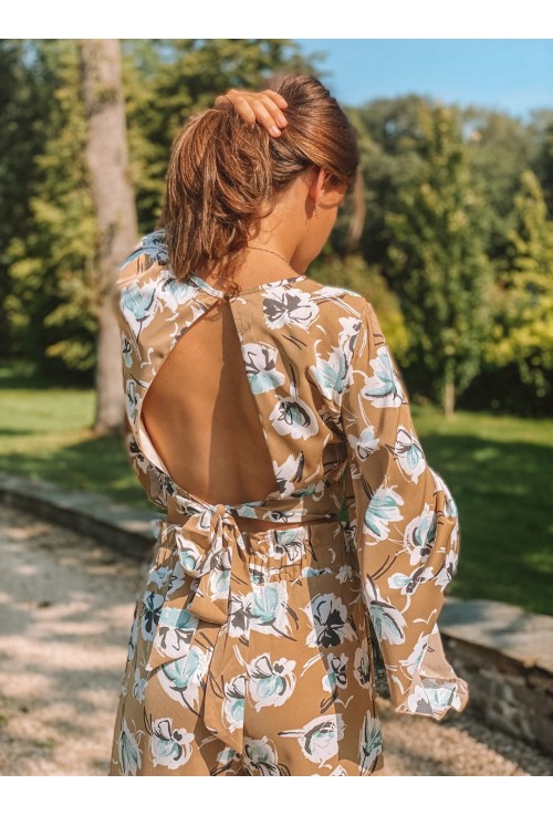 Crop top PALMA BEIGE à fleurs bleu ciel et blanches