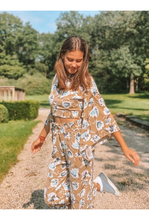 Crop top PALMA BEIGE à fleurs bleu ciel et blanches