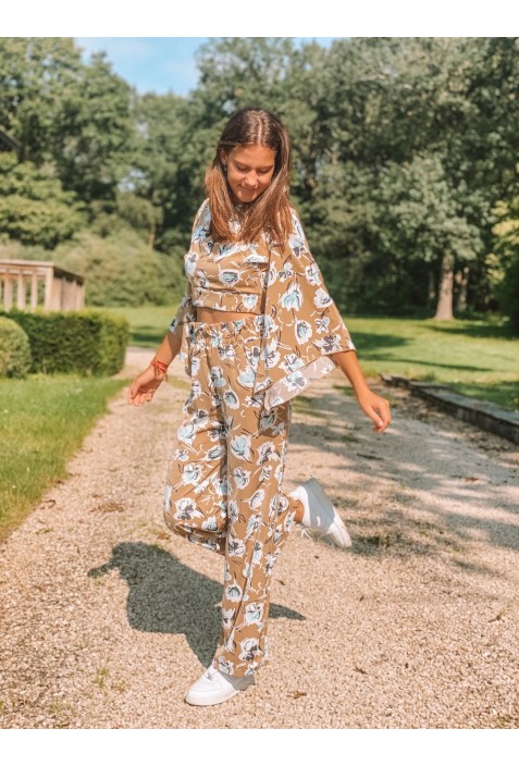 Crop top PALMA BEIGE à fleurs bleu ciel et blanches