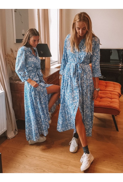 Robe chemisier longue ELISA BLEU CIEL à fleurs blanches