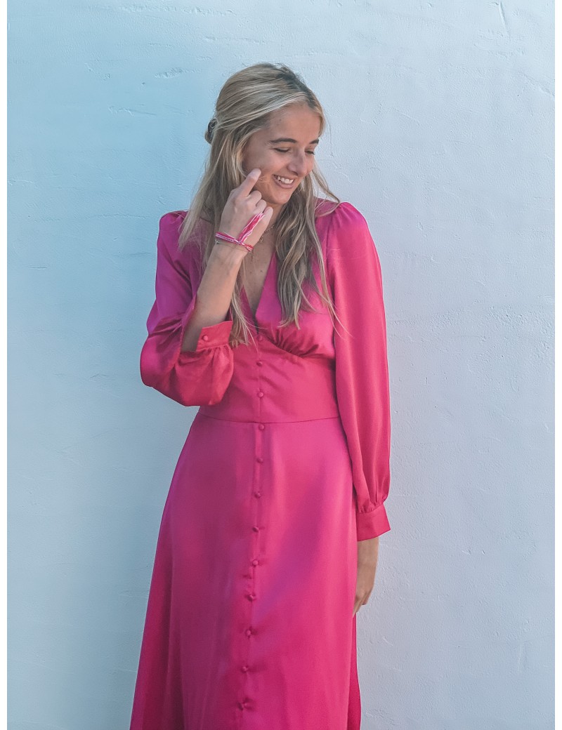 Robe satinée  longue CHIARA FUSCHIA à petits boutons