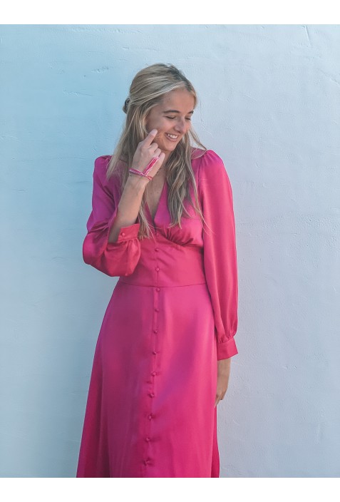 Robe satinée  longue CHIARA FUSCHIA à petits boutons