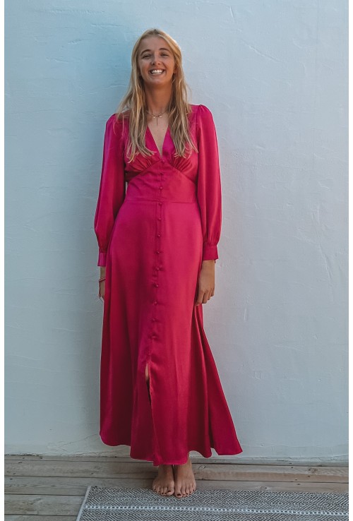 Robe satinée  longue CHIARA FUSCHIA à petits boutons