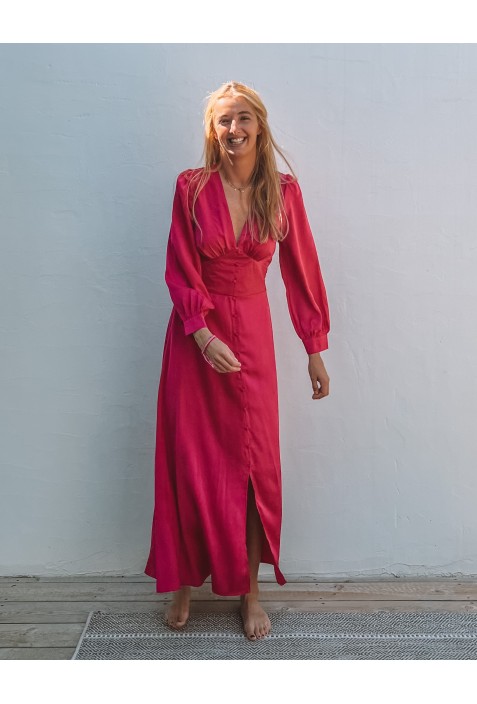 Robe satinée  longue CHIARA FUSCHIA à petits boutons