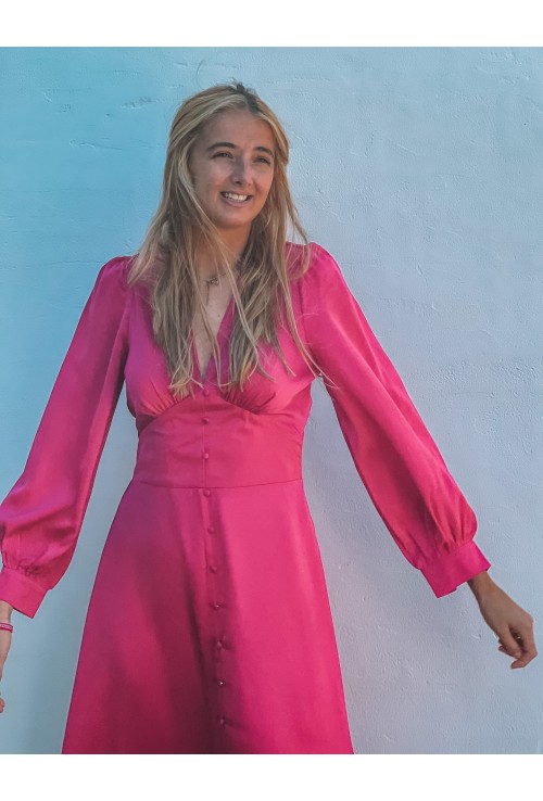 Robe satinée  longue CHIARA FUSCHIA à petits boutons