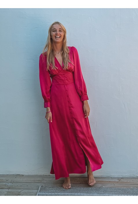 Robe satinée  longue CHIARA FUSCHIA à petits boutons