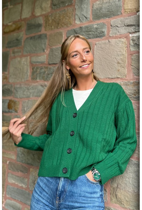 Cardigan ROMEO VERT en pure laine à côtes