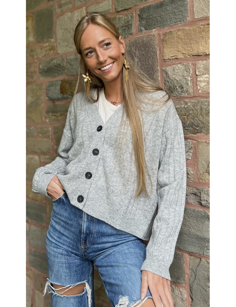 Cardigan ROMEO GRIS  en pure laine à côtes