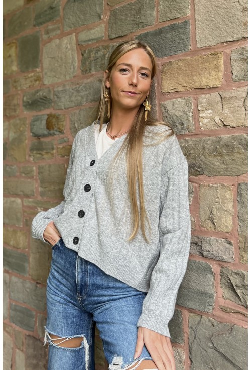 Cardigan ROMEO GRIS  en pure laine à côtes