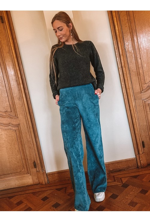 Pantalon MARNIE BLEU PETROLE flare à fines côtes