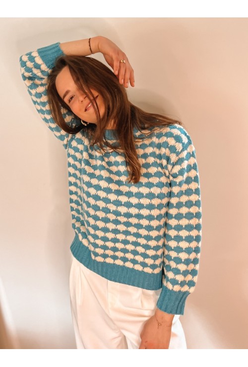 Pull DAMIER  bleu et blanc