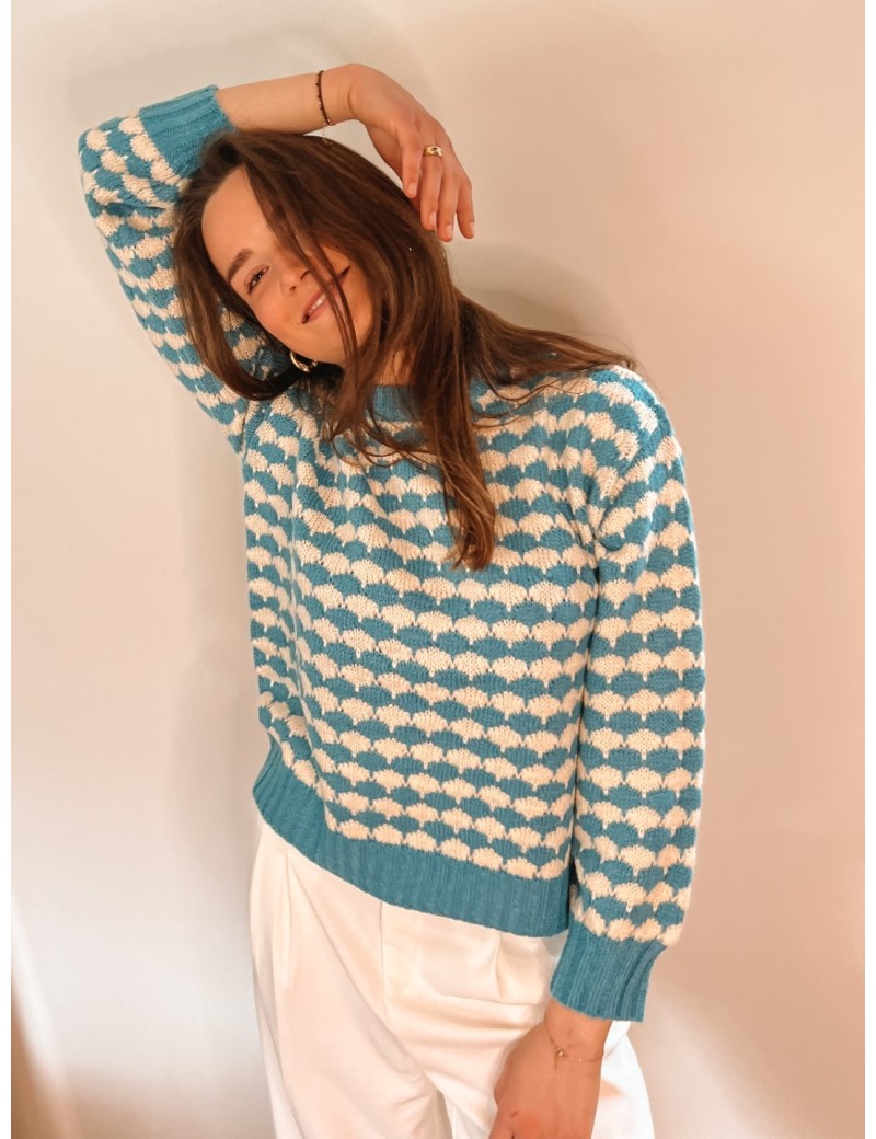 Pull DAMIER  bleu et blanc