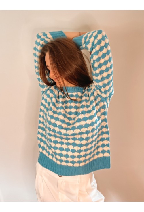 Pull DAMIER  bleu et blanc