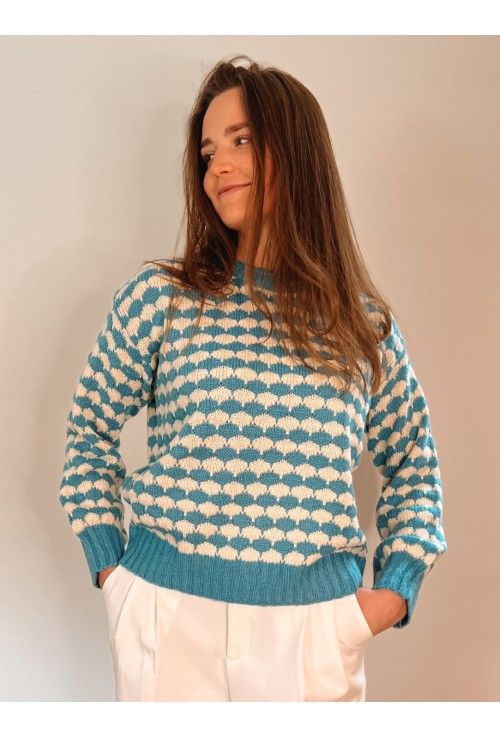 Pull DAMIER  bleu et blanc