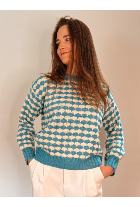 Pull DAMIER  bleu et blanc