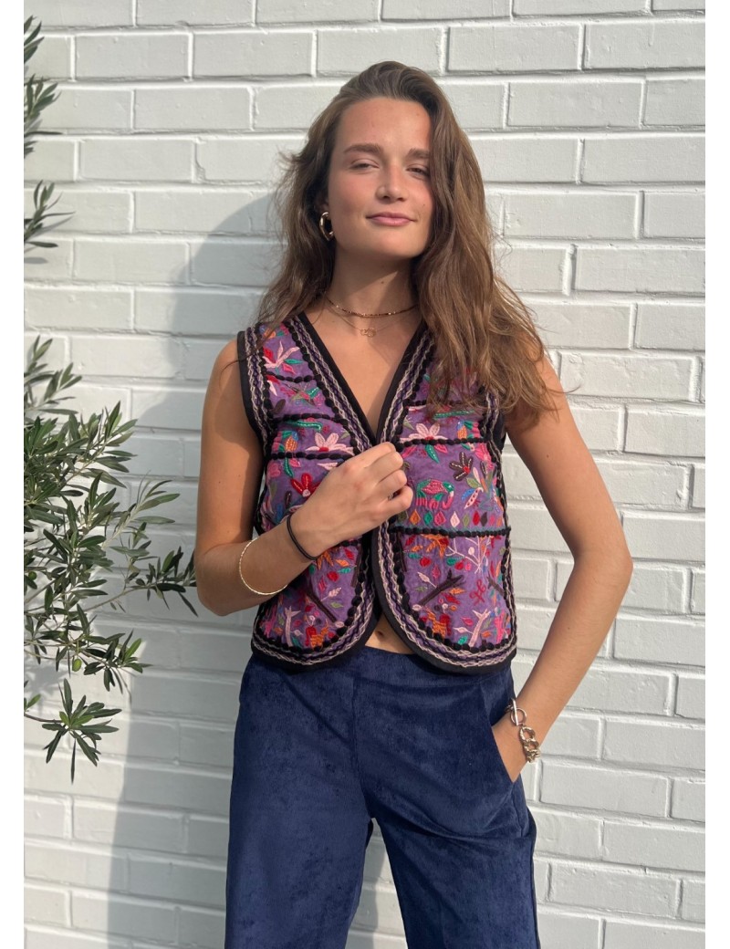 Gilet NORA multicolore brodé de fleurs et d'oiseaux