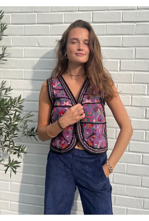 Gilet NORA multicolore brodé de fleurs et d'oiseaux