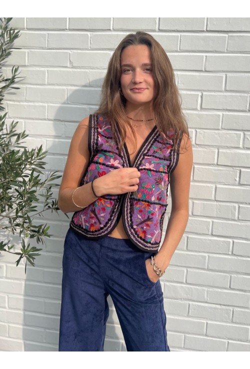 Gilet NORA multicolore brodé de fleurs et d'oiseaux