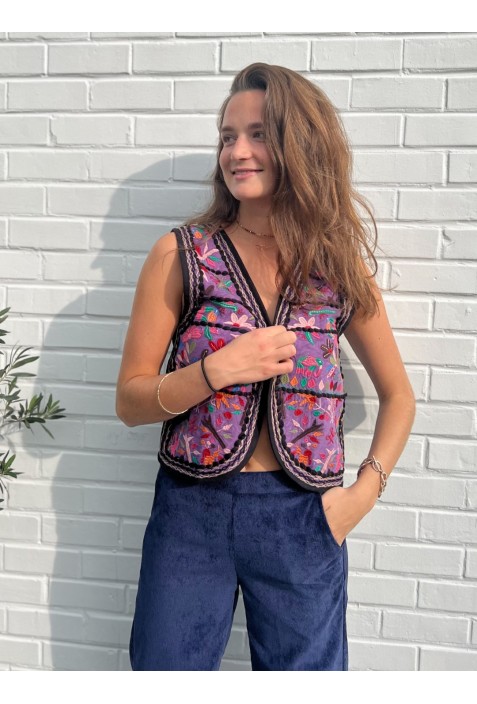 Gilet NORA multicolore brodé de fleurs et d'oiseaux