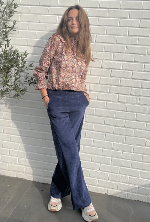 Pantalon MARNIE BLEU NUIT flare en  velours à fines côtes