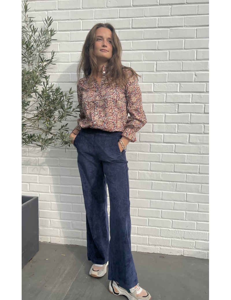 Pantalon MARNIE BLEU NUIT flare en  velours à fines côtes