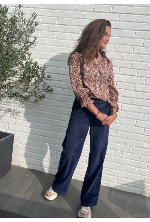 Pantalon MARNIE BLEU NUIT flare en  velours à fines côtes