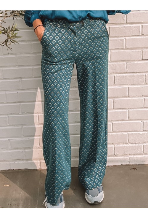 Pantalon MAX BLEU  flare à dessins verts et or