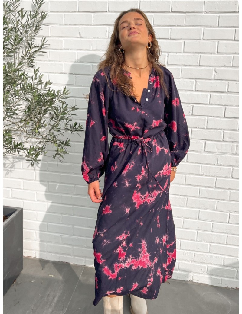 Robe longue BETTY bleu marine et rose