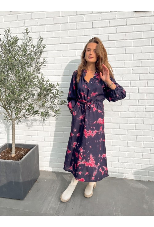 Robe longue BETTY bleu marine et rose